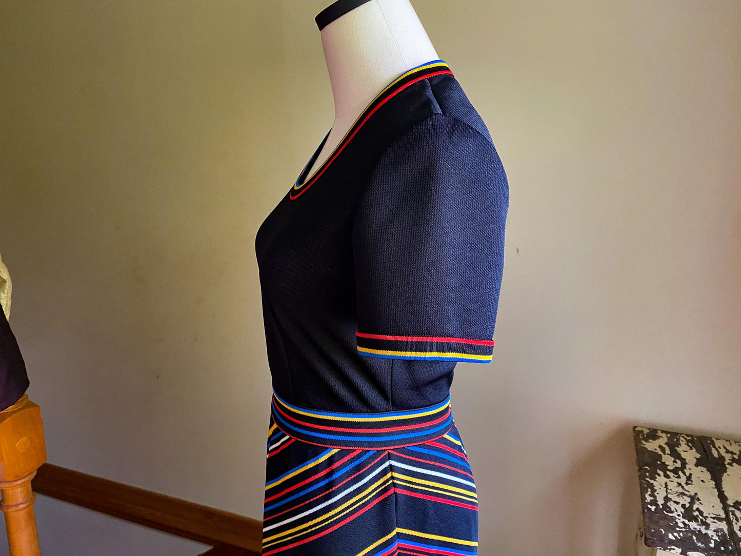 Vintage 70’s maxi dress black & rainbow chevron stripe Butte Knit // 34” bust