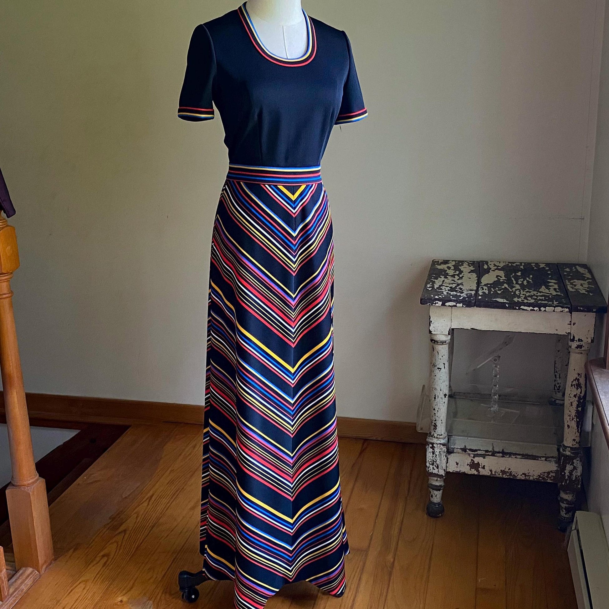 Vintage 70’s maxi dress black & rainbow chevron stripe Butte Knit // 34” bust