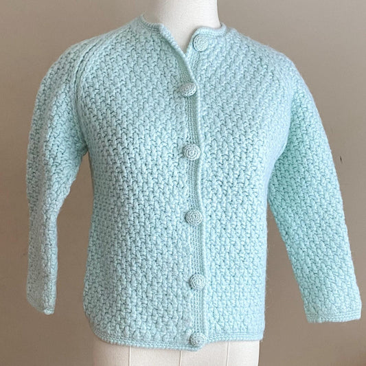 Vintage 60’s aqua blue wool cardigan sweater basketweave Italy // 38” bust