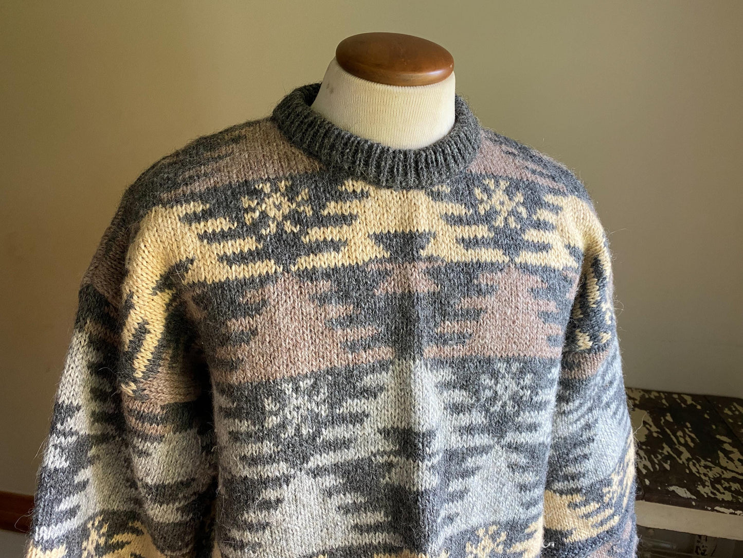 Vintage 80’s wool sweater gray tan geometric chunky knit James Pringle Scotland // 50” chest