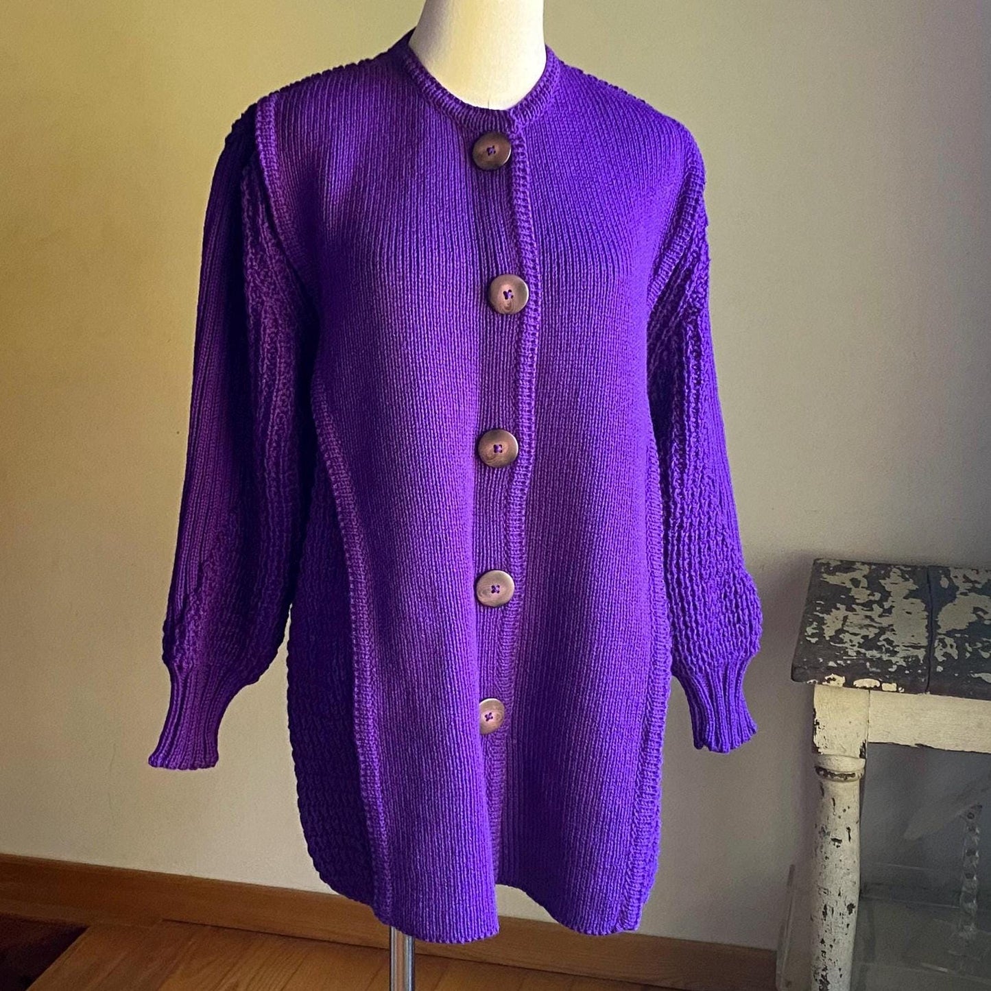 Vintage 80’s wool cardigan purple chunky Irish sweater POCKETS! Pallas // 50” bust