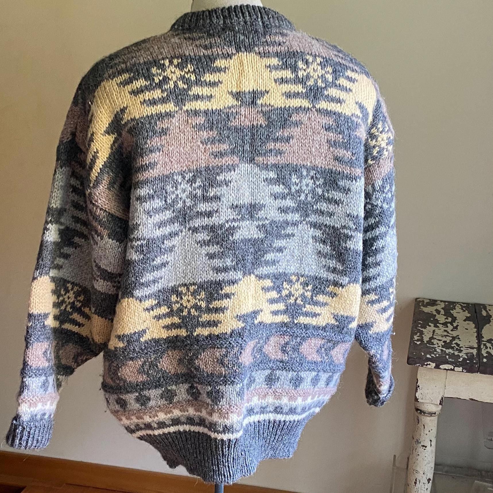 Vintage 80’s wool sweater gray tan geometric chunky knit James Pringle Scotland // 50” chest