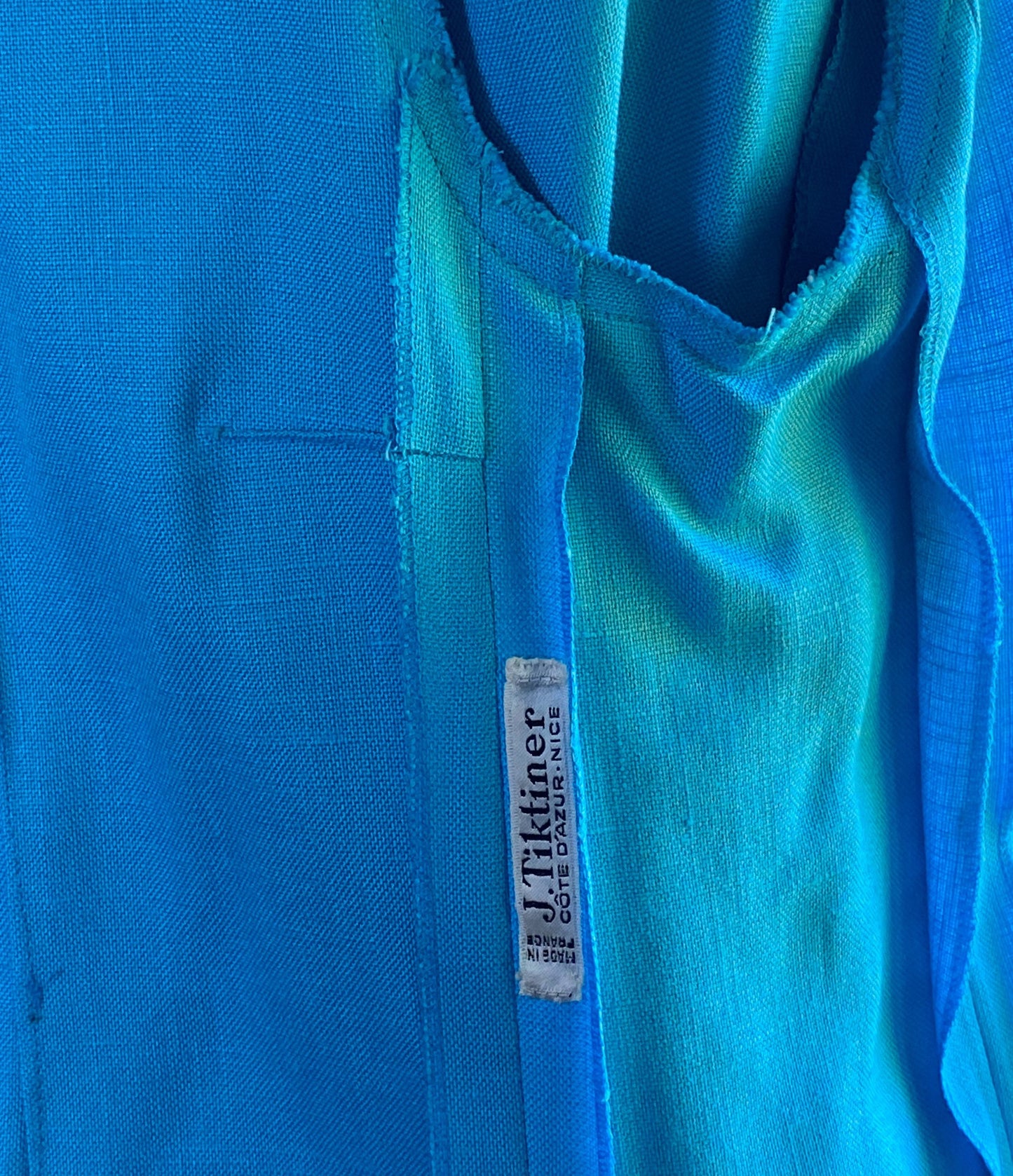 Vintage 70’s blazer turquoise & navy blue linen jacket wide lapel J. Ticktiner Nice, France // 36” bust