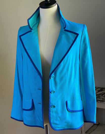 Vintage 70’s blazer turquoise & navy blue linen jacket wide lapel J. Ticktiner Nice, France // 36” bust