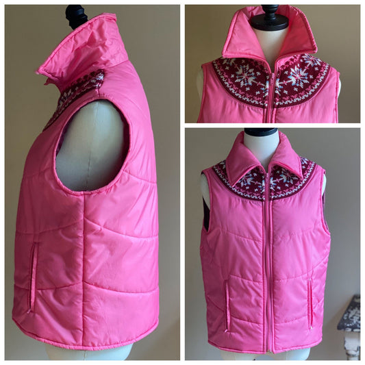 Vintage 80’s fair isle puffer vest hot pink snowflake yoke sweater Andy Johns