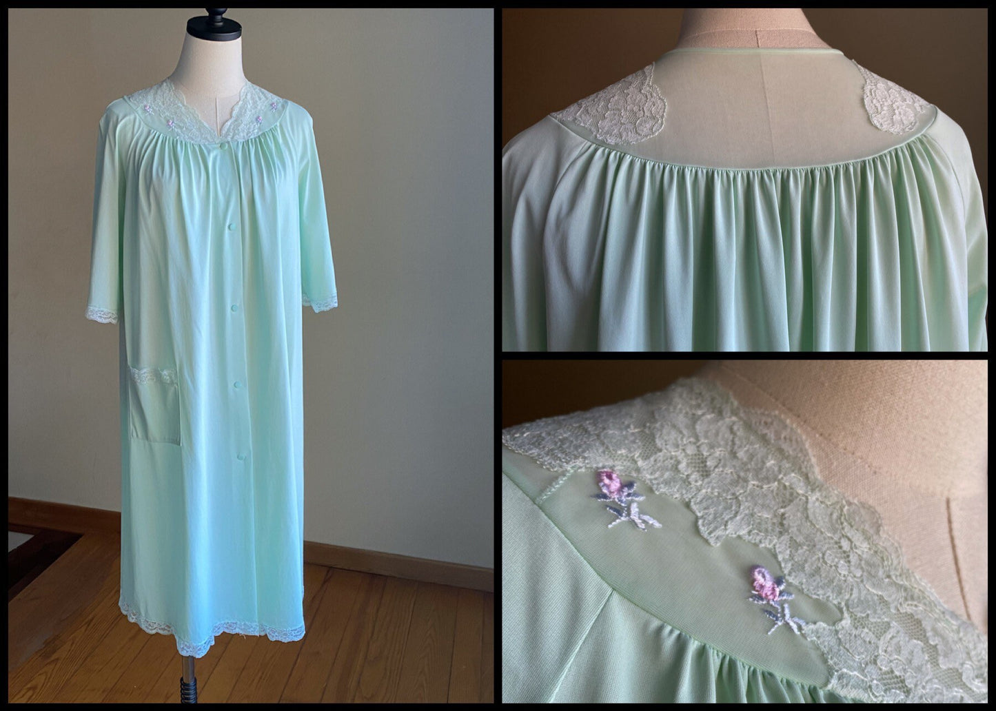 Vintage 1970’s robe mint green nylon embroidered roses Shadow Line // L XL