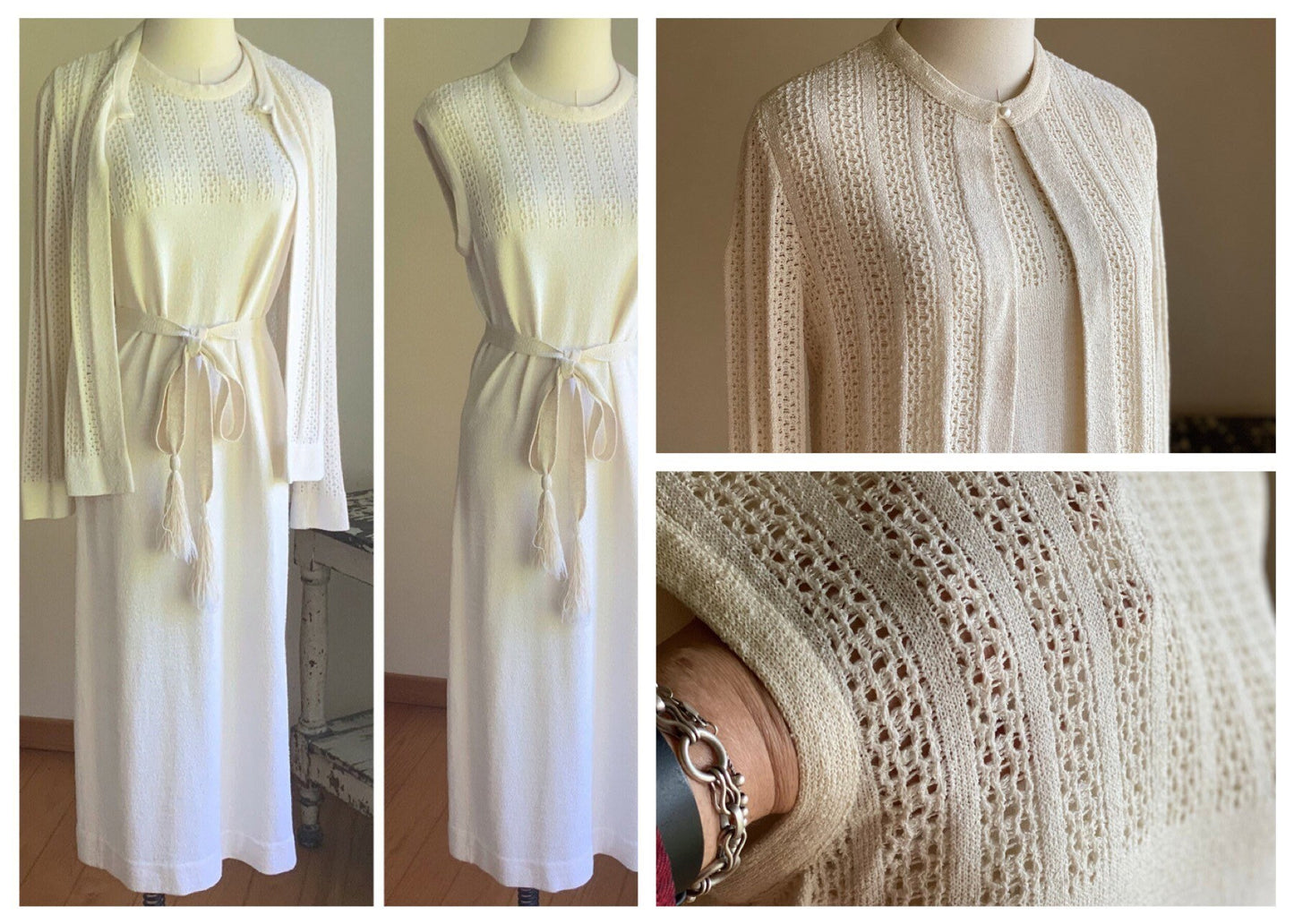 Vintage 1980’s knit dress & sweater set ivory off white sleeveless tank lace cardigan Colby Knits // 38” bust