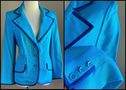 Vintage 70’s blazer turquoise & navy blue linen jacket wide lapel J. Ticktiner Nice, France // 36” bust