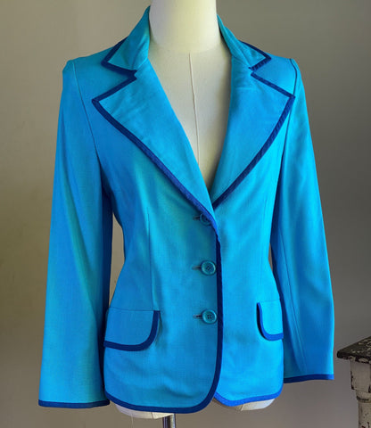 Vintage 70’s blazer turquoise & navy blue linen jacket wide lapel J. Ticktiner Nice, France // 36” bust