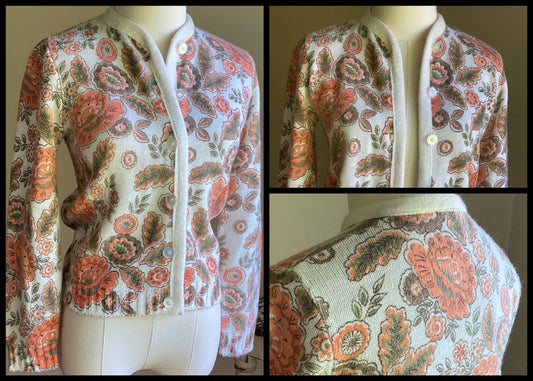 Vintage 1960’s cardigan sweater orange floral paisley print Miss Sue // 32” bust