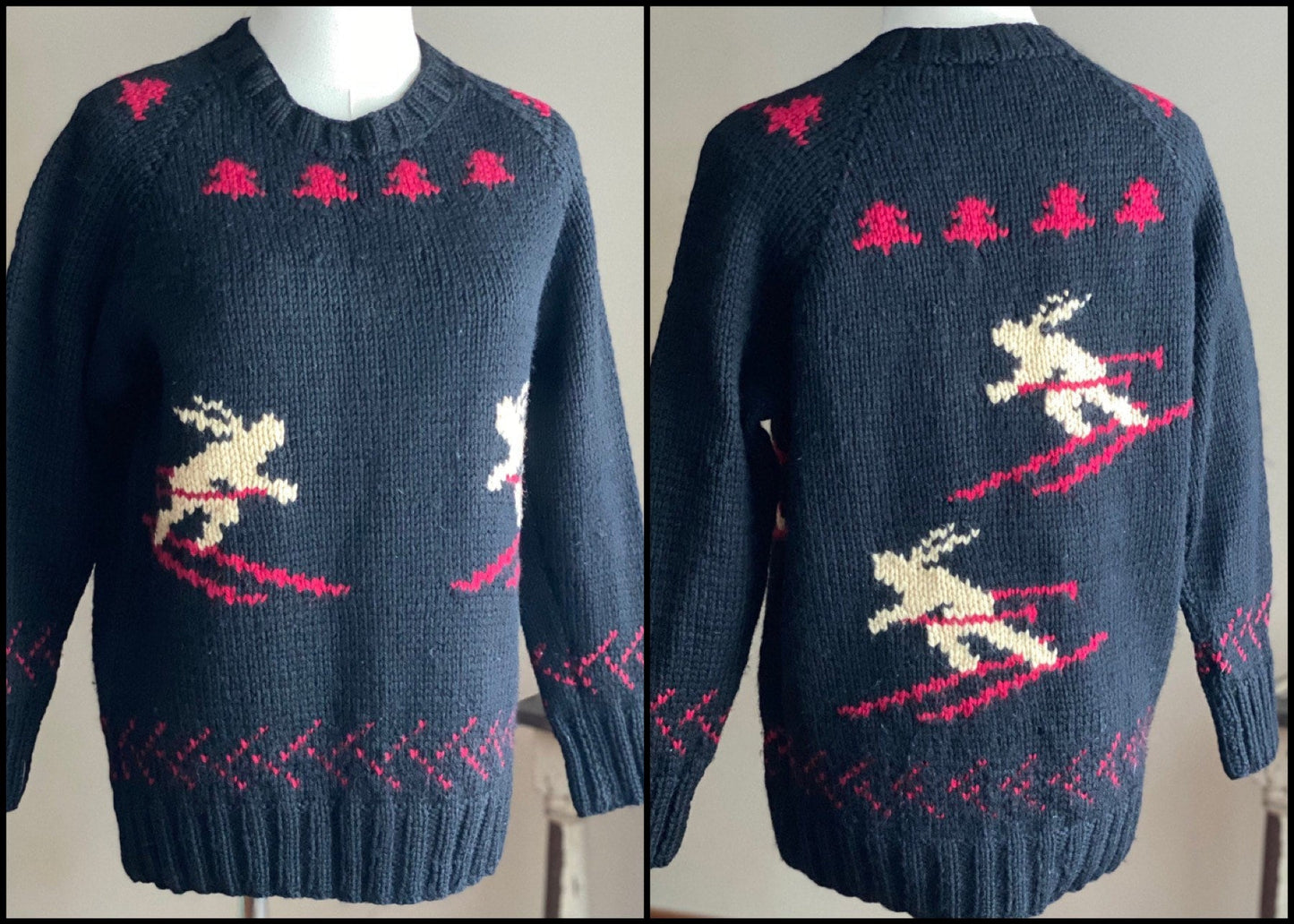 Vintage 1970’S wool ski sweater hand knit downhill skiers black red ivory chunky // S M