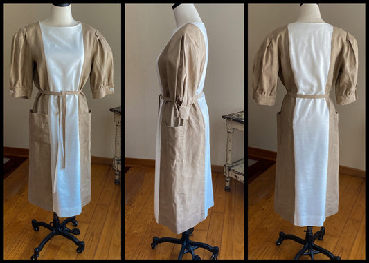 Vintage 1980’s linen dress white & tan colorblock puff short sleeve Abe Schrader // 40” bust