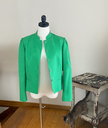 Vintage 80’s linen blazer Kelly green cropped puff sleeves Boston Traveler // M L