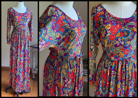 Vintage 70’s maxi dress mod floral paisley print purple orange Miss Elliette // 26” waist