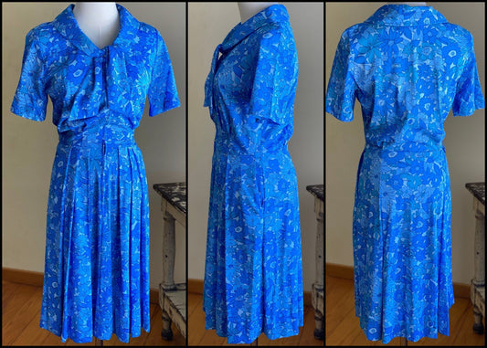 Vintage 1960’s day dress pussy bow blue floral print Shelton Strollers // 26” waist