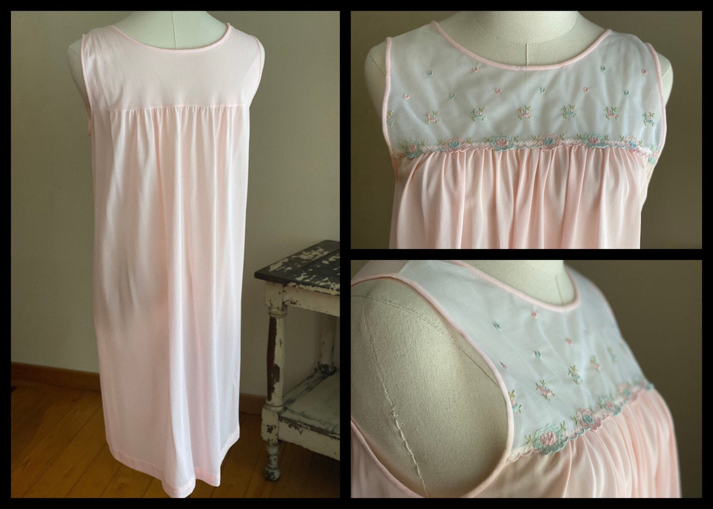 Vintage 1970’s nightie pink nylon sleeveless short nightgown embroidered flowers Gilead // 35” bust