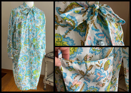 Vintage 1980’s cross stitch aqua floral print robe // 48” bust