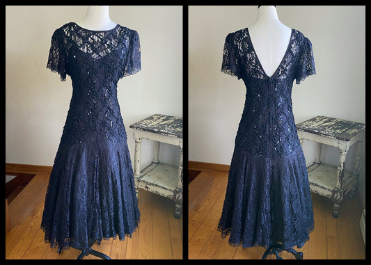 Vintage 80’s black lace party dress sequined fit & flare flamenco style // 34” waist