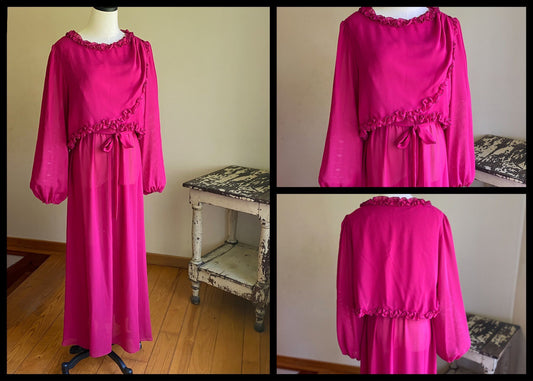 Vintage 70’s raspberry pink crepe sheer maxi dress ruffles ballon sleeves // 40” bust