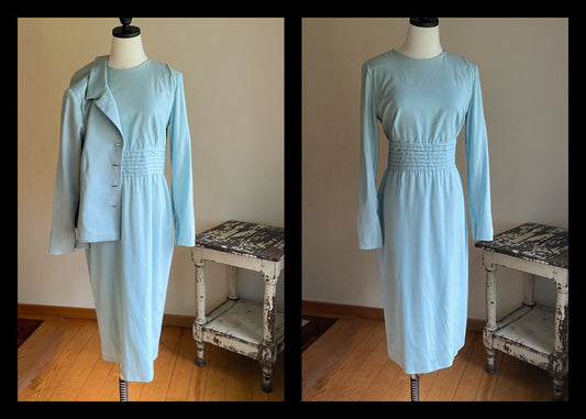 Vintage 80’s wool dress aqua blue matching jacket custom Dorothea Original // 36-32-42