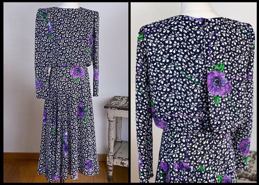 Vintage 80’s print dress navy blue white & purple flowers