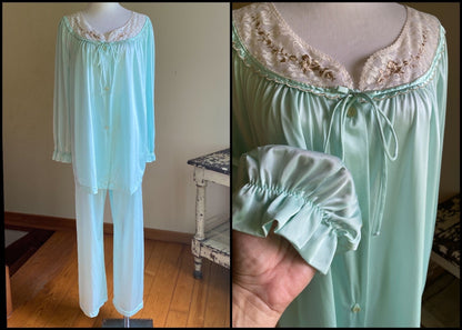 Vintage 70’s pajamas aqua blue nylon lace & embroidery Lorraine // 24 - 34” waist