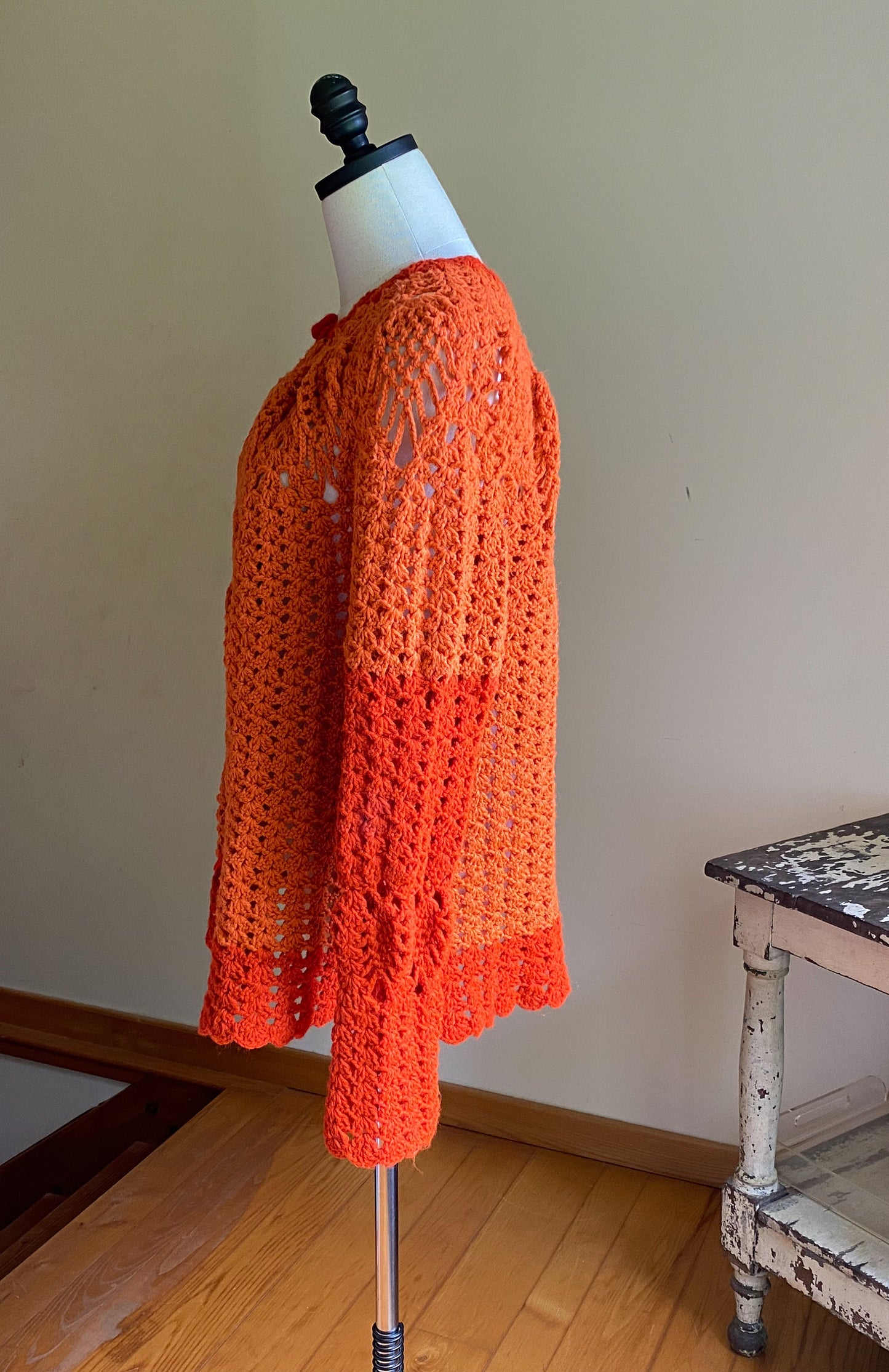 Vintage 80’s crochet open cardigan pumpkin orange hand made sweater // 44”+ bust