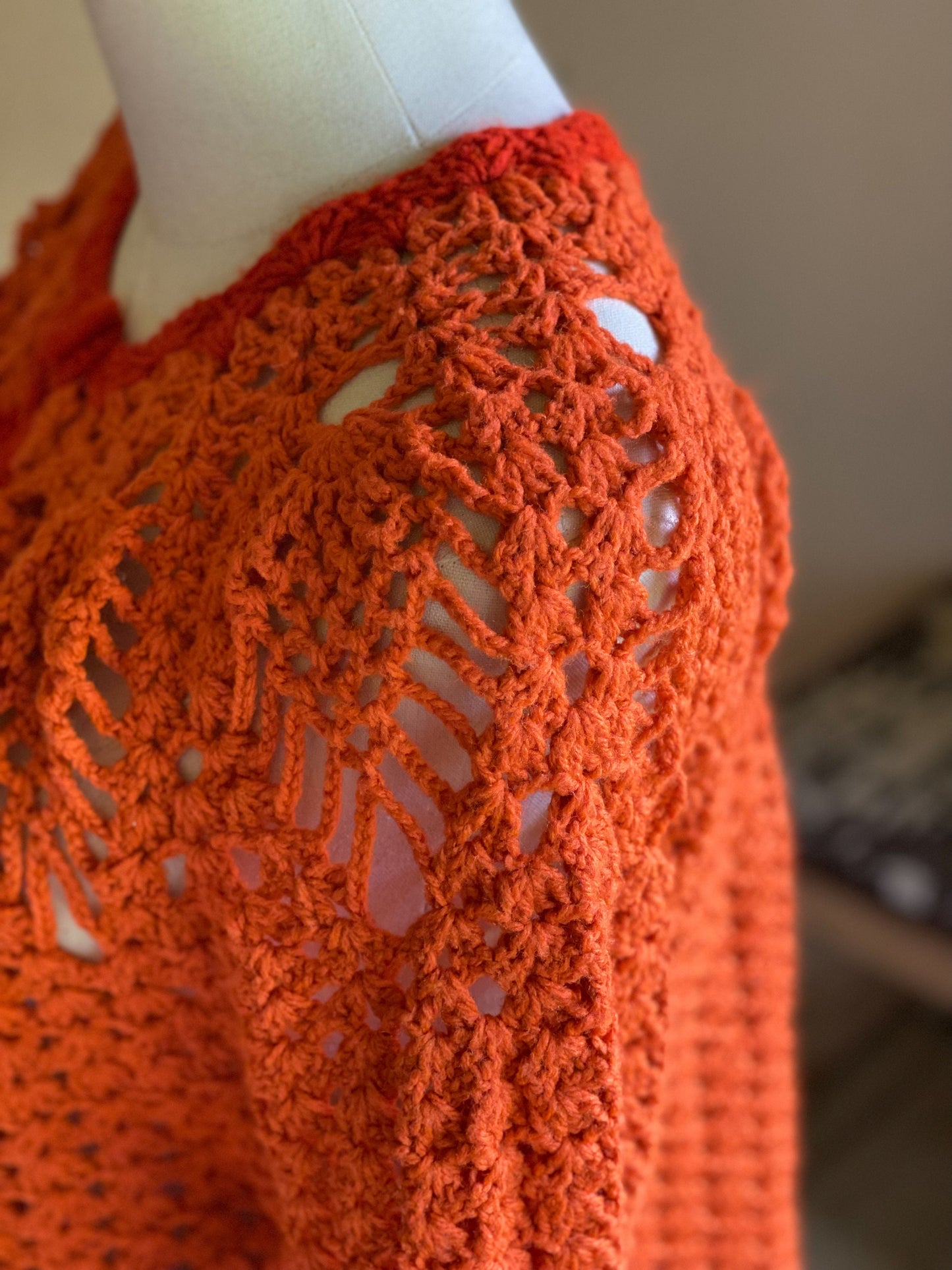 Vintage 80’s crochet open cardigan pumpkin orange hand made sweater // 44”+ bust