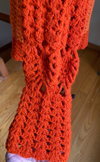 Vintage 80’s crochet open cardigan pumpkin orange hand made sweater // 44”+ bust