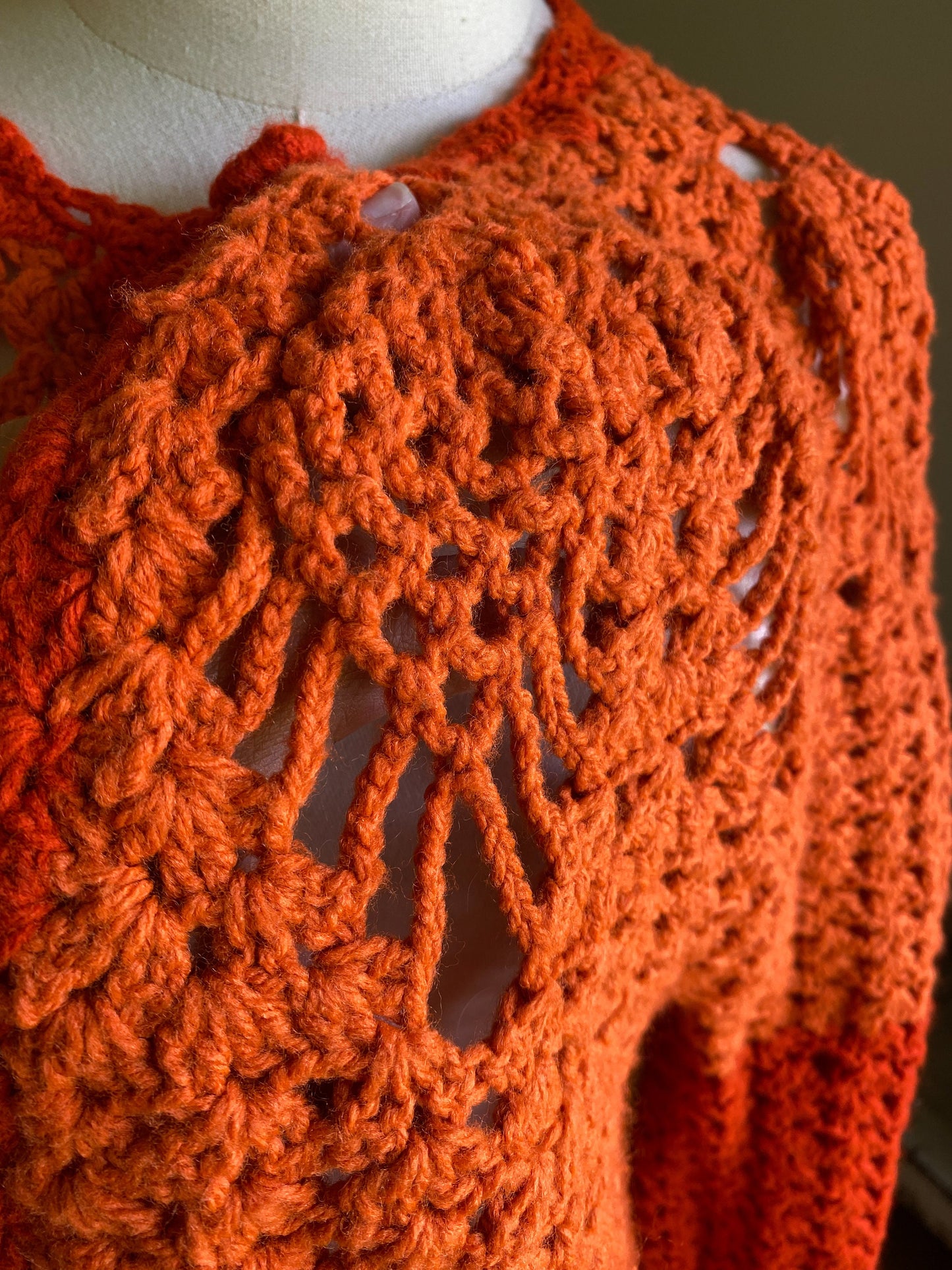 Vintage 80’s crochet open cardigan pumpkin orange hand made sweater // 44”+ bust