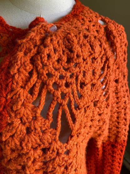 Vintage 80’s crochet open cardigan pumpkin orange hand made sweater // 44”+ bust