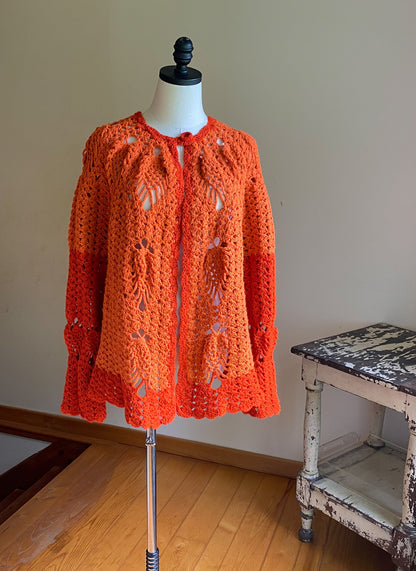 Vintage 80’s crochet open cardigan pumpkin orange hand made sweater // 44”+ bust