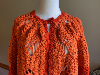 Vintage 80’s crochet open cardigan pumpkin orange hand made sweater // 44”+ bust