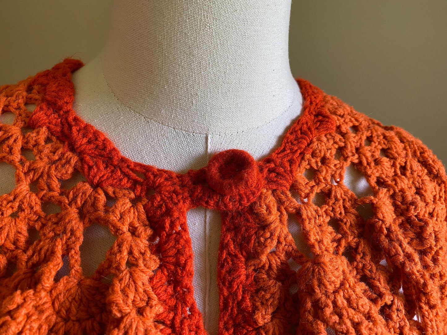 Vintage 80’s crochet open cardigan pumpkin orange hand made sweater // 44”+ bust