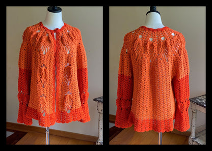 Vintage 80’s crochet open cardigan pumpkin orange hand made sweater // 44”+ bust