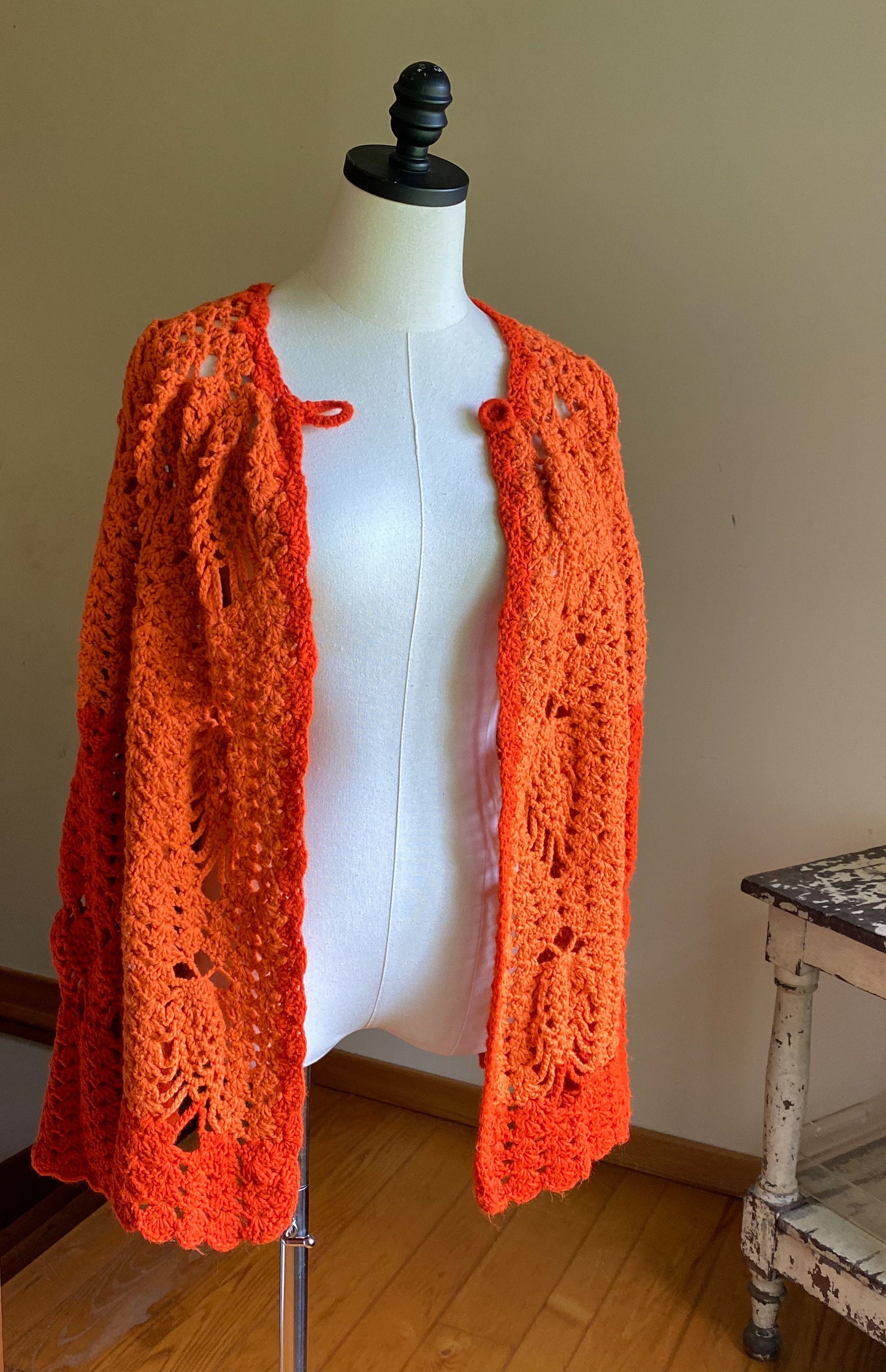 Vintage 80’s crochet open cardigan pumpkin orange hand made sweater // 44”+ bust