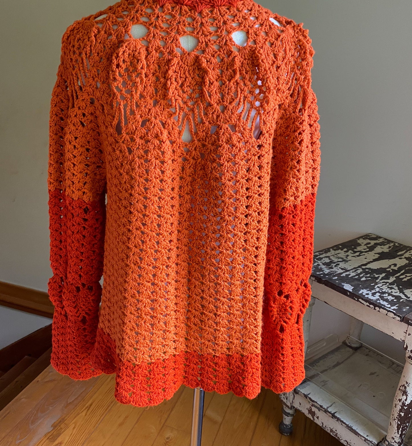 Vintage 80’s crochet open cardigan pumpkin orange hand made sweater // 44”+ bust